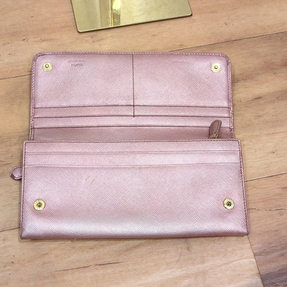 Prada Saffiano Metallic Leather Continental Rose gold Pink Double Snap Wallet - Picture 13 of 17